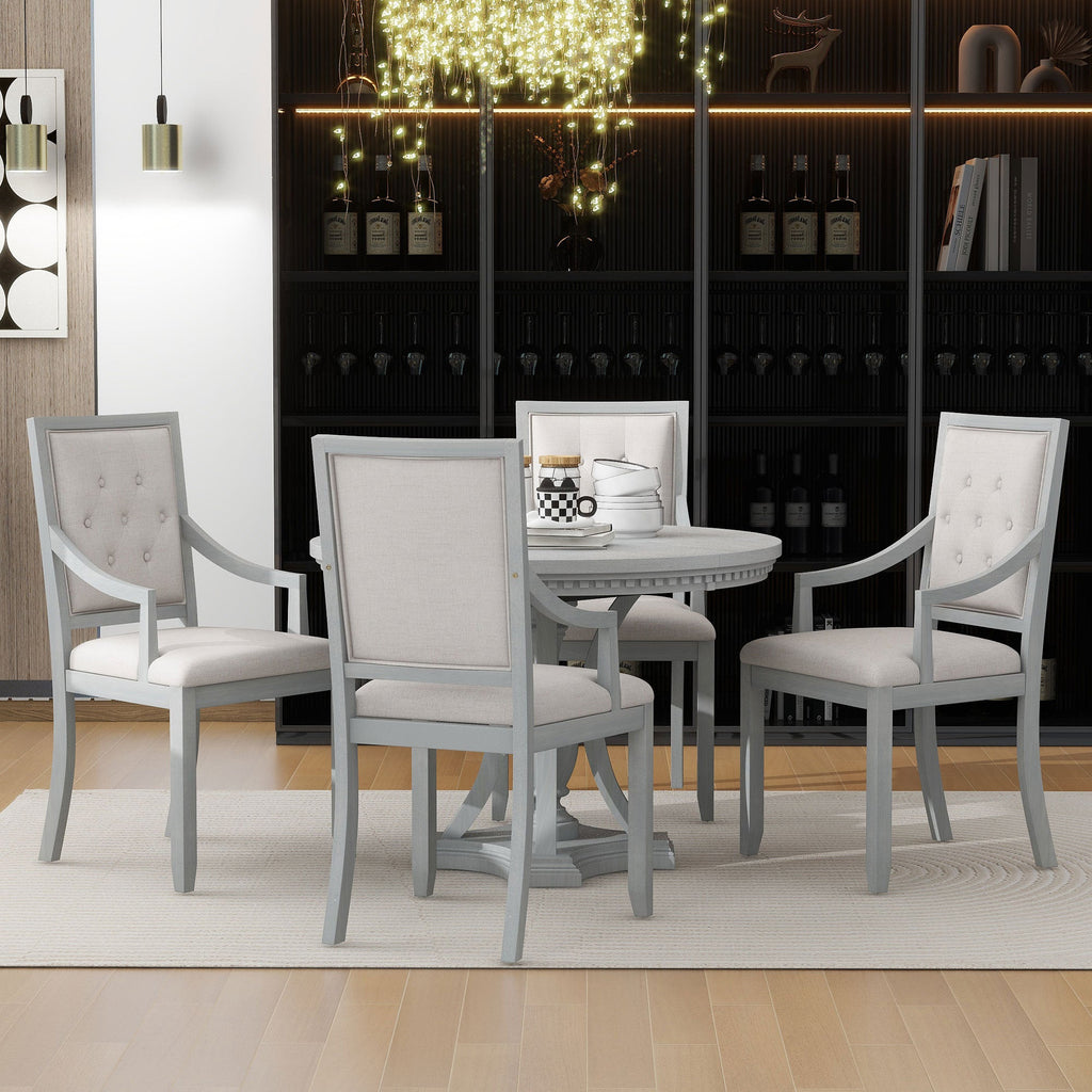 Retro 5-piece Dining Set Extendable Round Table and 4 Chairs for Kitchen Dining