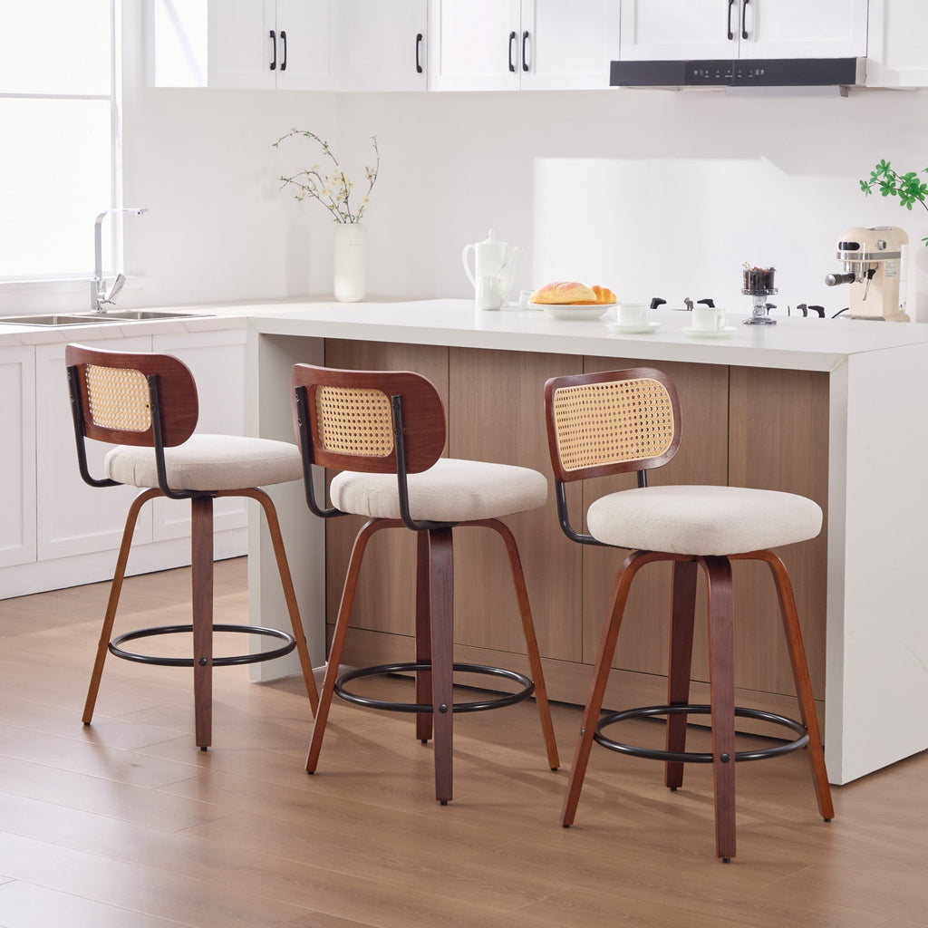 26-Inch Counter Height Bar Stools Set of 3, Walnut Black Cane Rattan Back, Beige