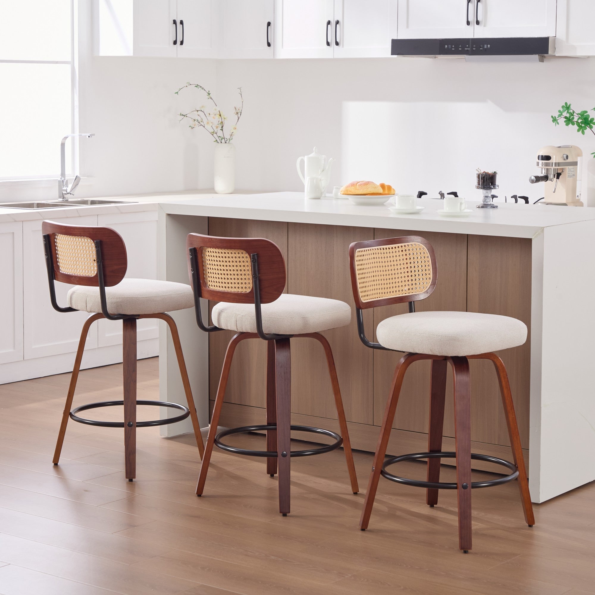 26-Inch Counter Height Bar Stools Set of 3, Walnut Black Cane Rattan Back, Beige