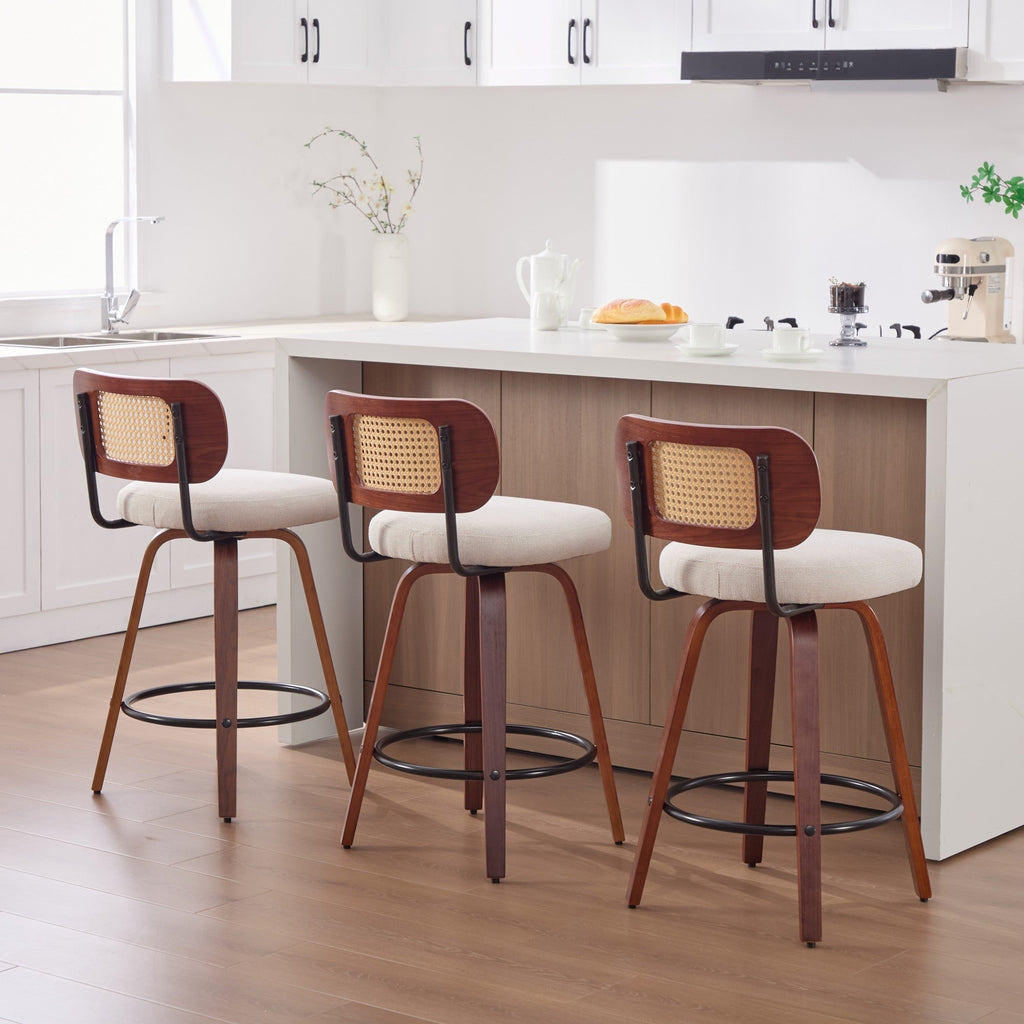 26-Inch Counter Height Bar Stools Set of 3, Walnut Black Cane Rattan Back, Beige