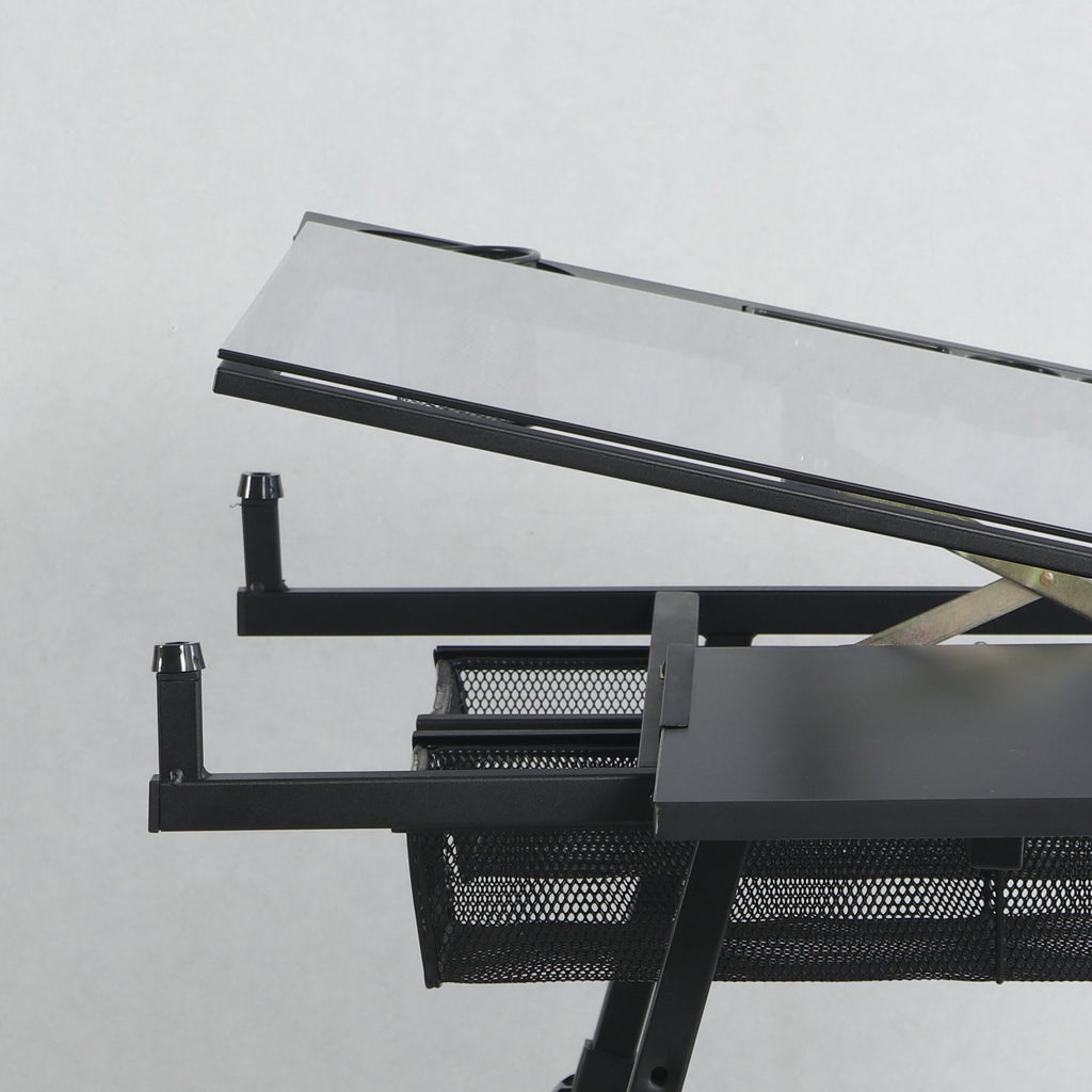 black adjustable tempered glass drafting printing table with chair