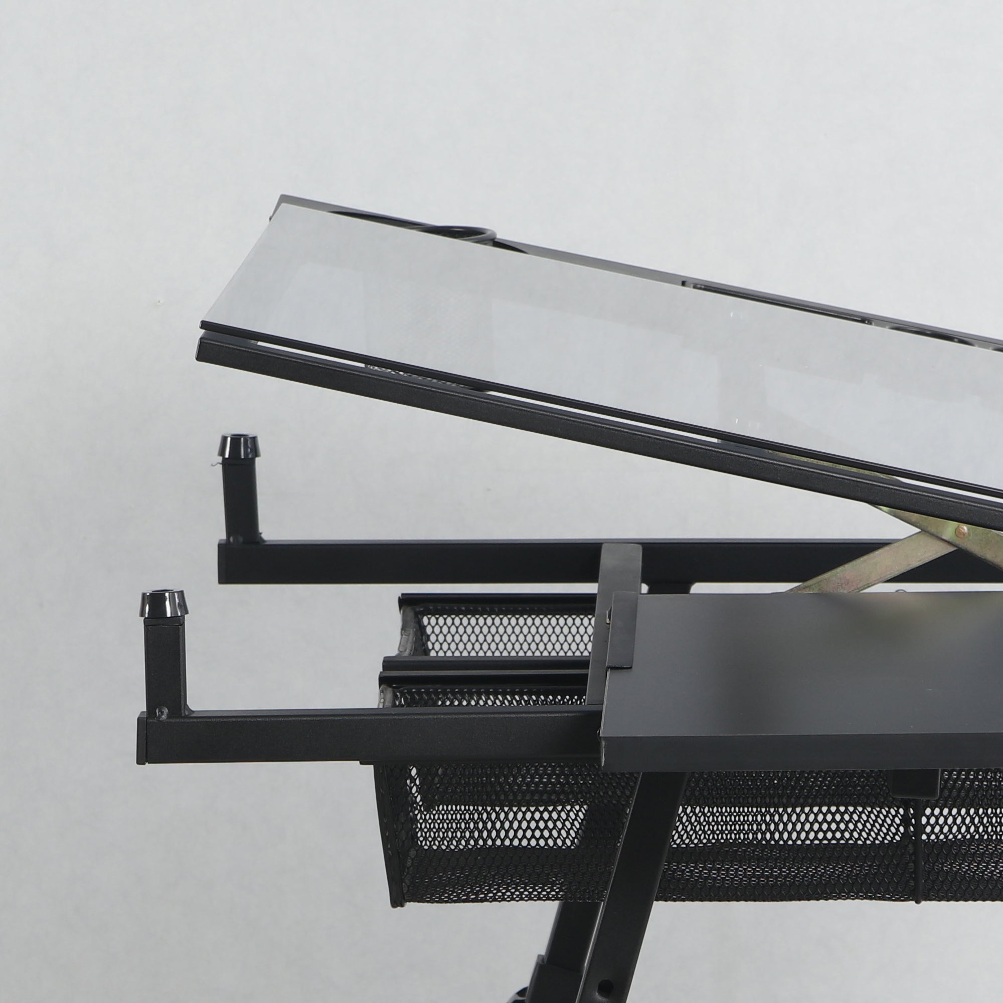 black adjustable tempered glass drafting printing table with chair