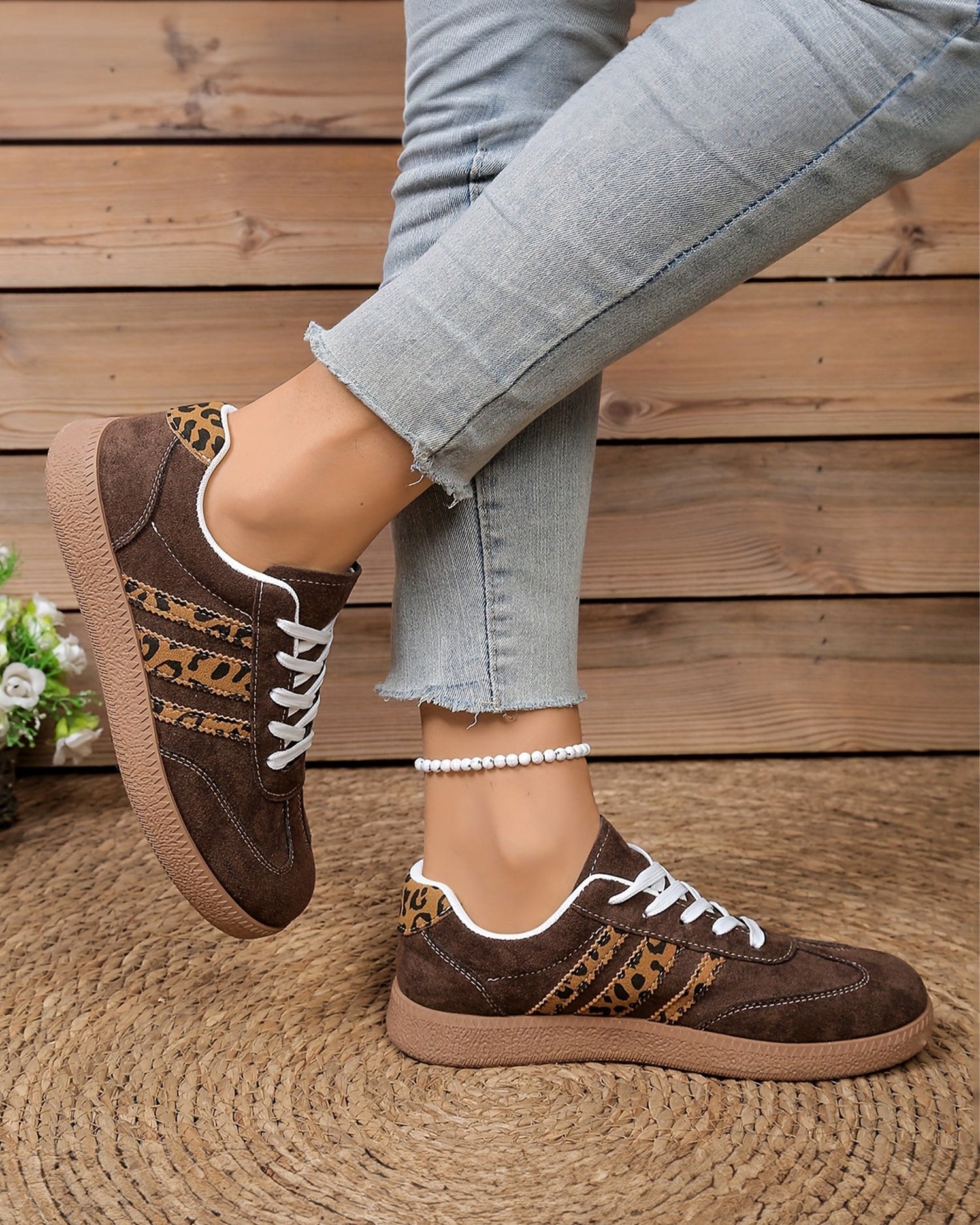 Coffee Contrast Lace-up Leopard Patchwork Detail Shoes