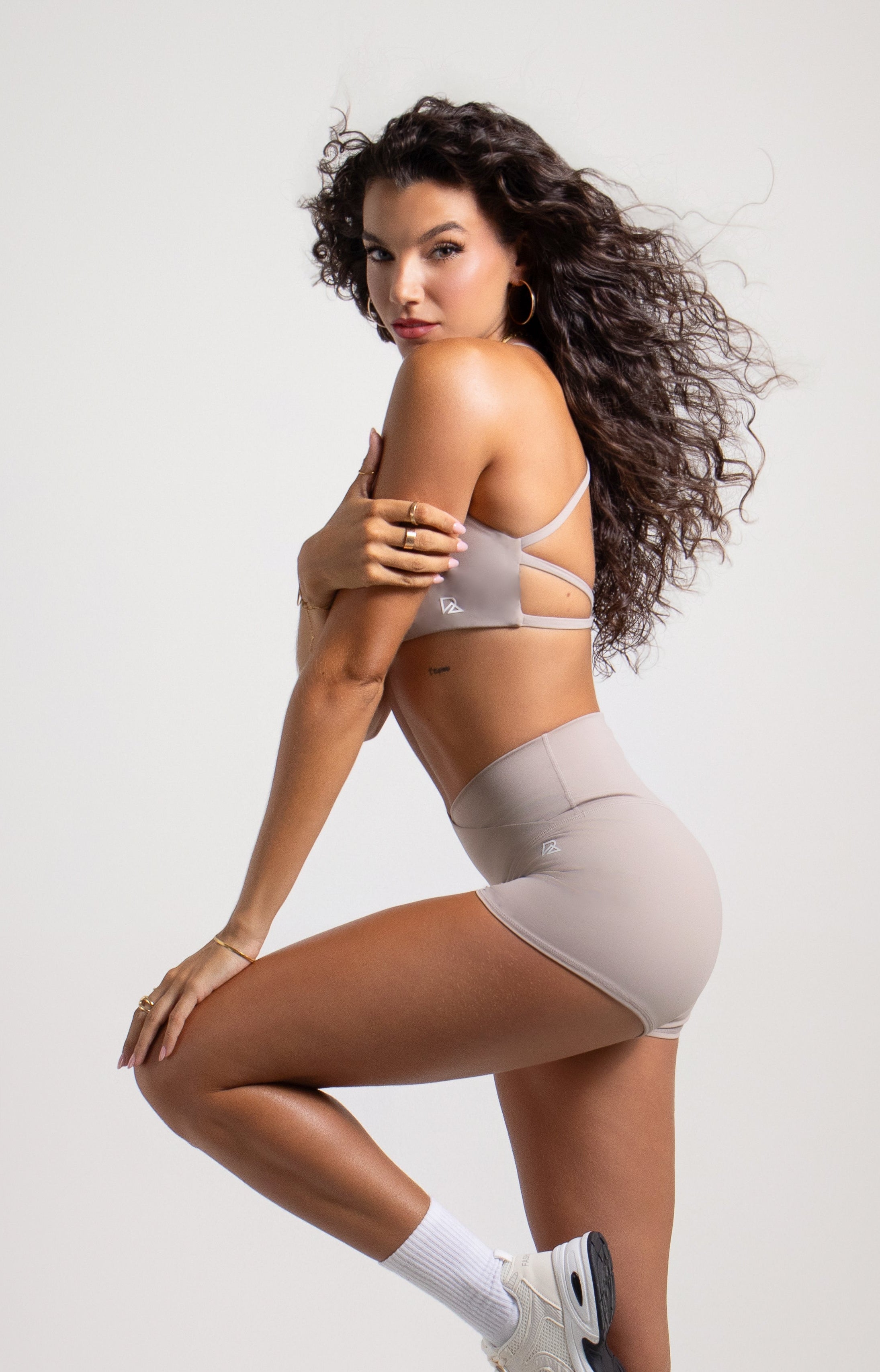 Women's Strappy Open-Back Sports Bra - Taupe | Scoop Neckline Medium Support