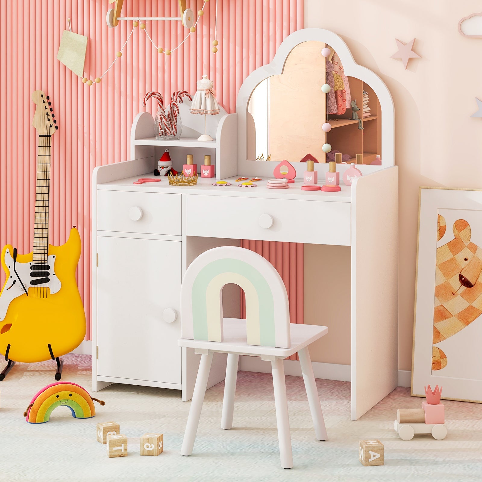 Kids Vanity Table and Chair Set with Cloud-shaped Mirror and Open Shelf-White