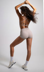 Women's Mini Sculpting Shorts 3 Inch - Taupe | Criss-Cross Waistband with Pocket