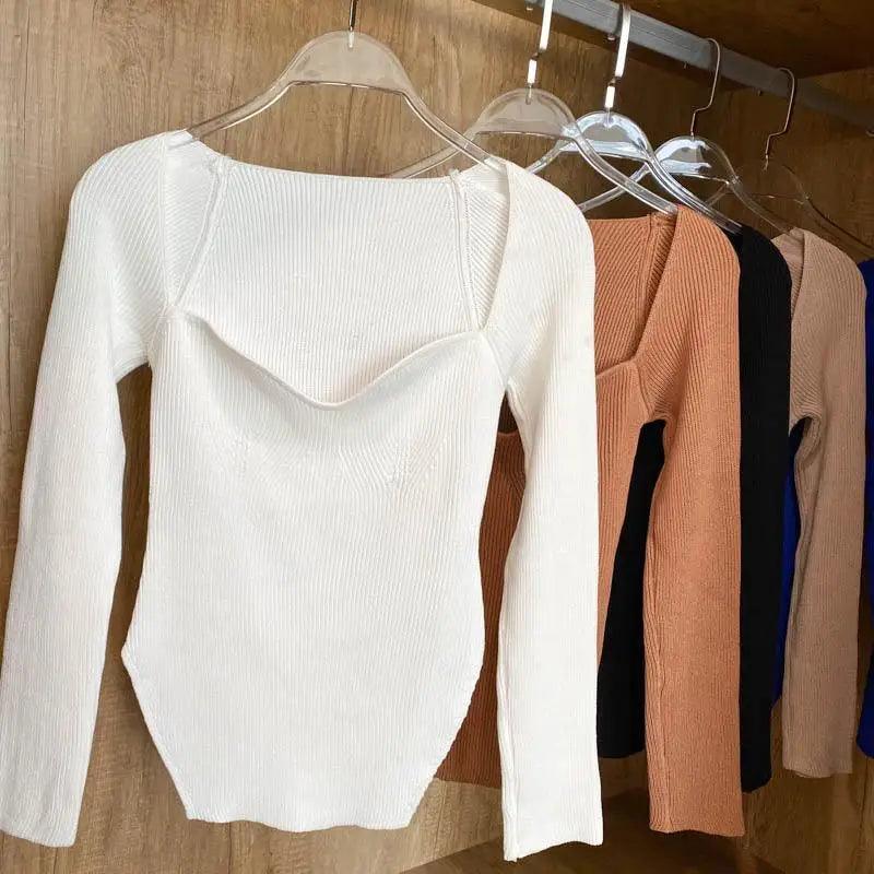 New Casual And Trendy Square Collar Long Sleeve Woman's Sweaters Knitted Pullover Spring Autumn Sweater Winter Tops For Women Black And White Jumper
