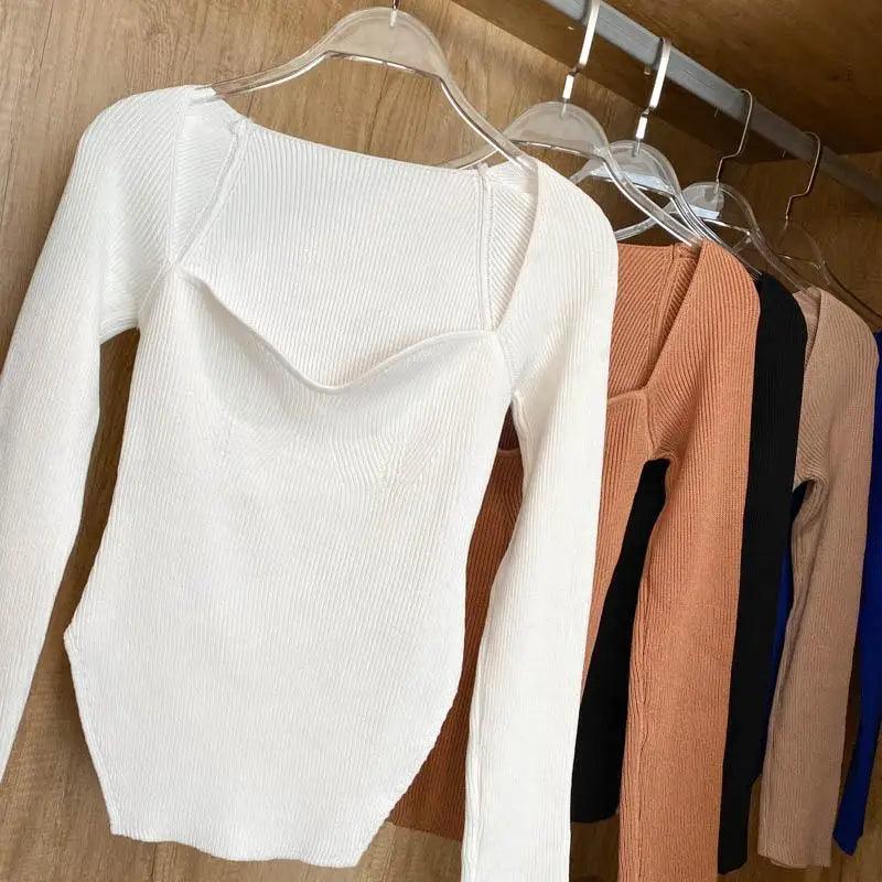 New Casual And Trendy Square Collar Long Sleeve Woman's Sweaters Knitted Pullover Spring Autumn Sweater Winter Tops For Women Black And White Jumper