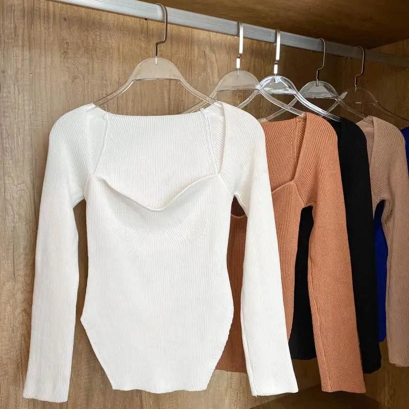 New Casual And Trendy Square Collar Long Sleeve Woman's Sweaters Knitted Pullover Spring Autumn Sweater Winter Tops For Women Black And White Jumper