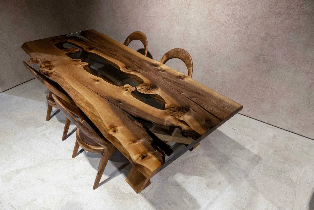 Live Edge Rustic, Epoxy Resin River Dining Room Table Made of Walnut