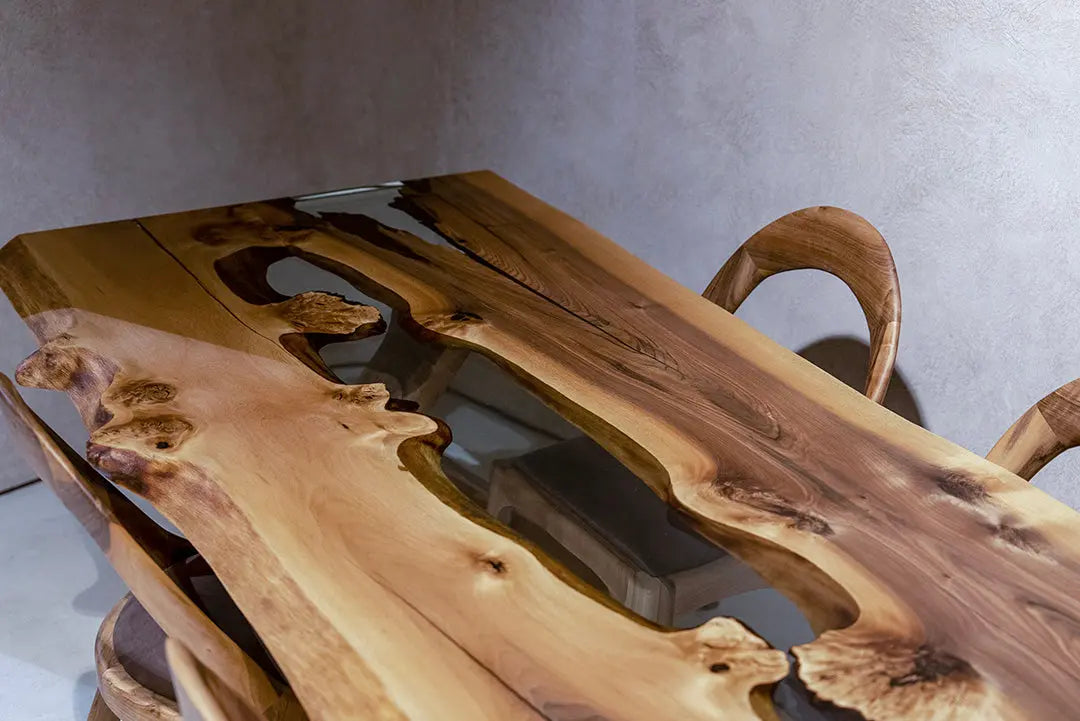 Live Edge Rustic, Epoxy Resin River Dining Room Table Made of Walnut