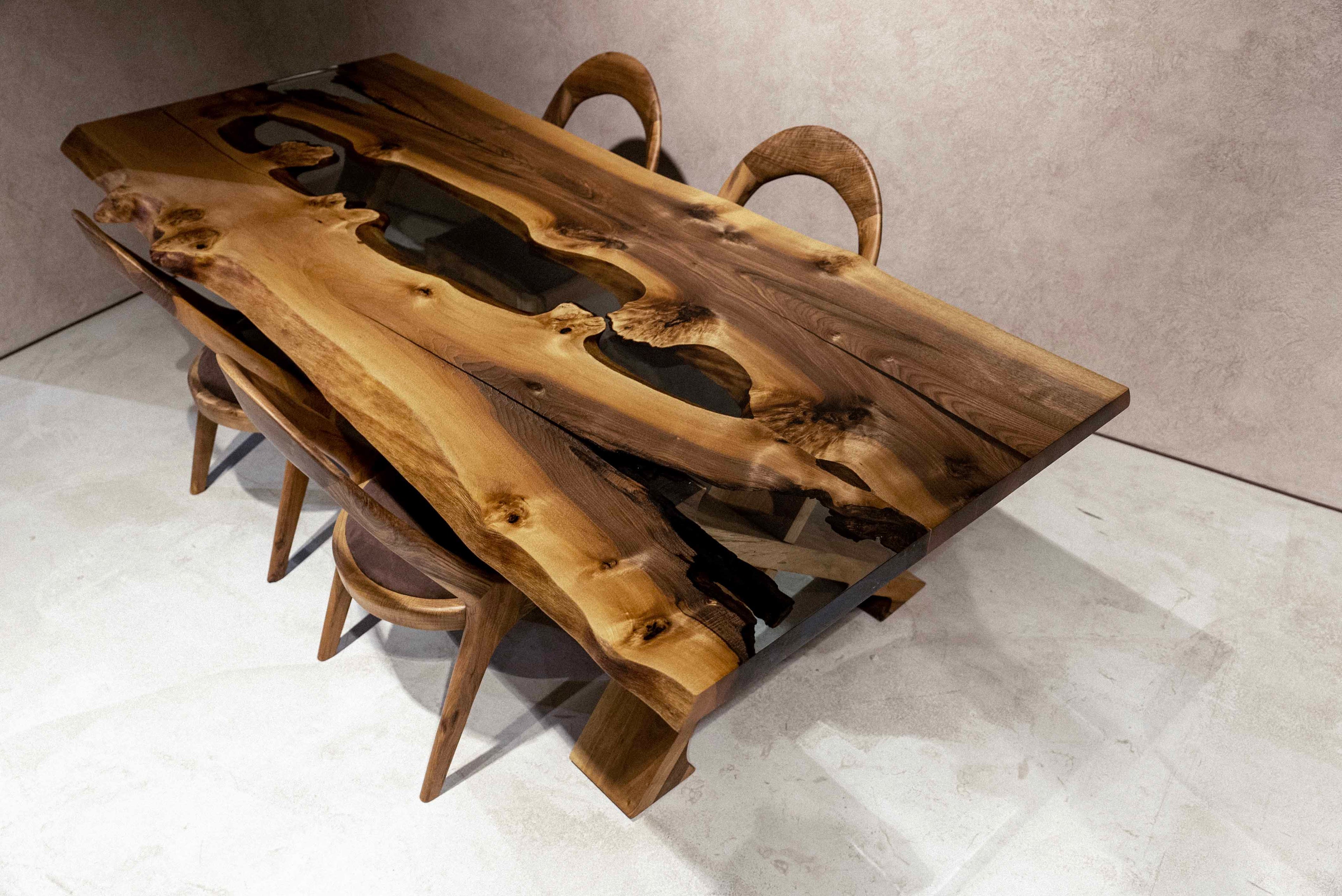 Live Edge Rustic, Epoxy Resin River Dining Room Table Made of Walnut