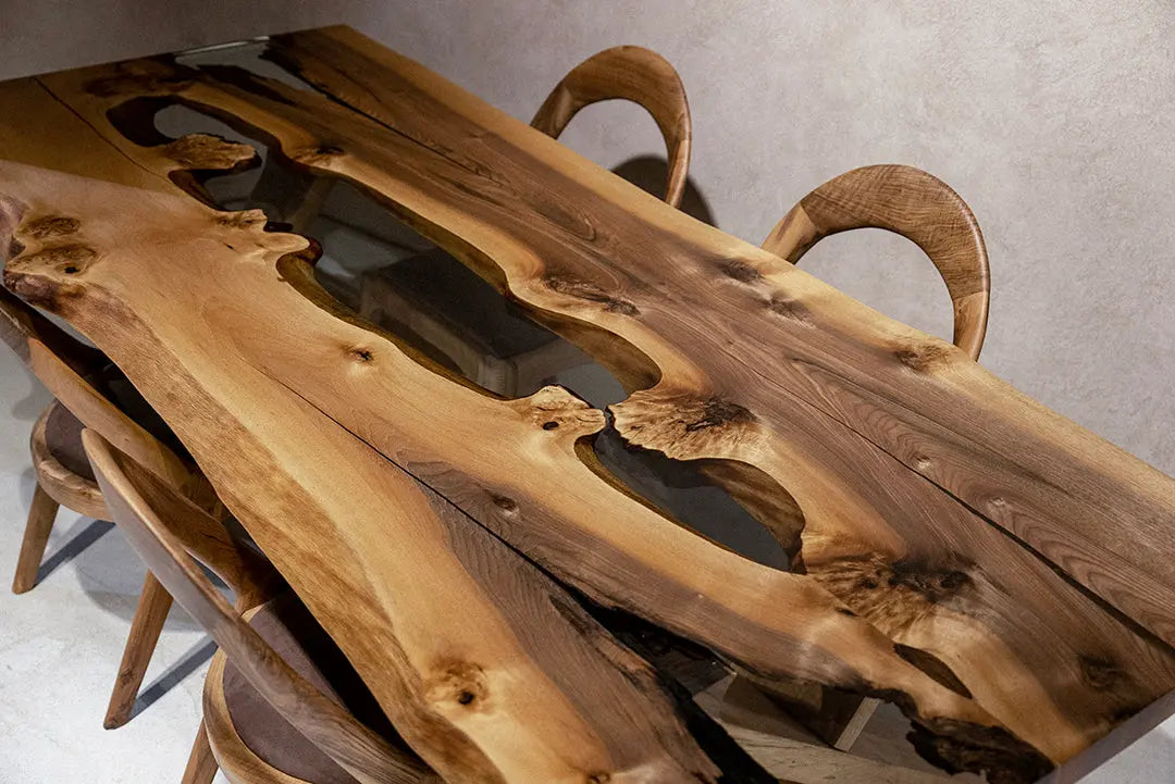 Live Edge Rustic, Epoxy Resin River Dining Room Table Made of Walnut