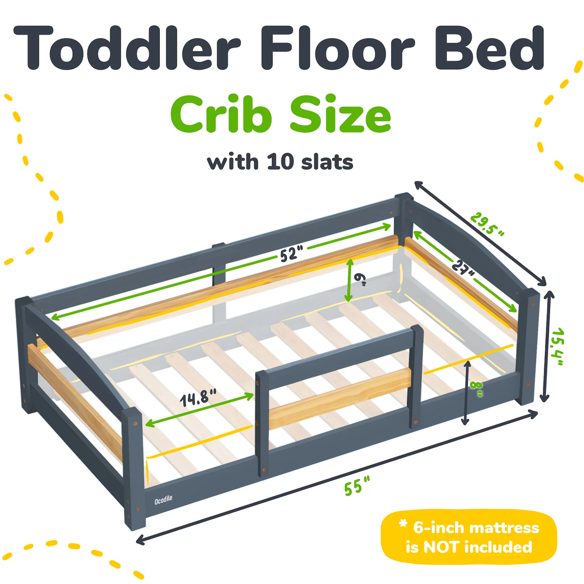 Crib Size Wooden Floor Bed Frame with Rails for Toddlers Age 1–3