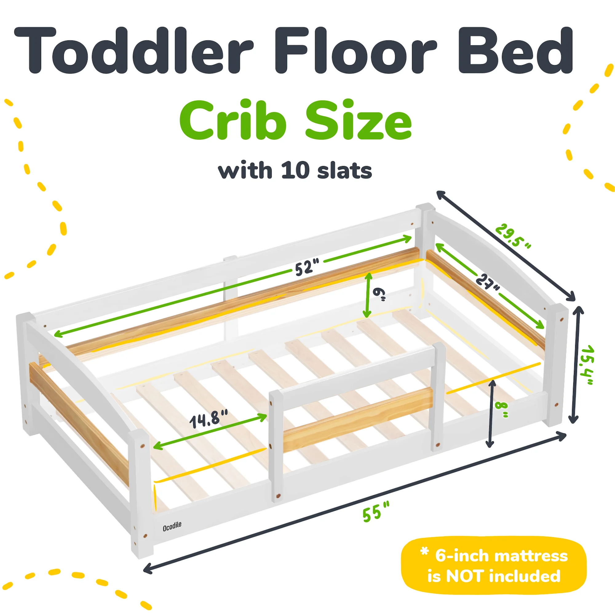 Crib Size Wooden Floor Bed Frame with Rails for Toddlers Age 1–3