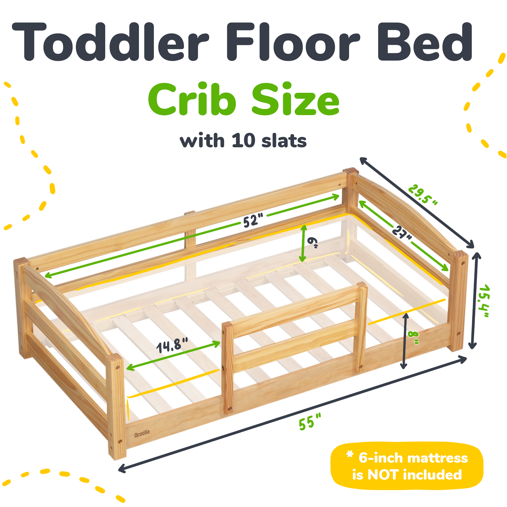Crib Size Wooden Floor Bed Frame with Rails for Toddlers Age 1–3