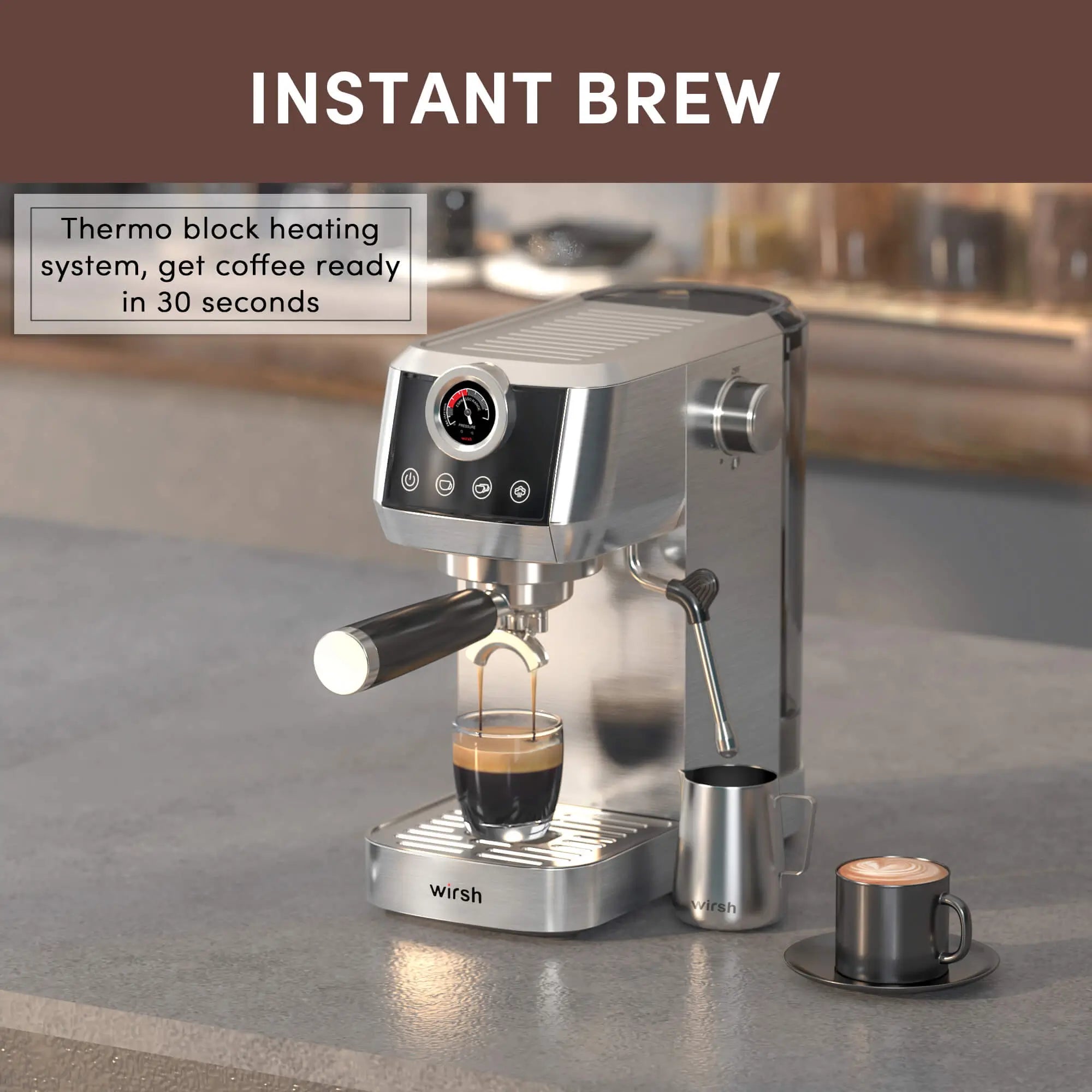 Wirsh 20 Bar Espresso Machine with Plastic Free Portafilter and Steamer, Pressure Gauge, Touch Screen, Full Stainless Steel (Home Barista Plus)