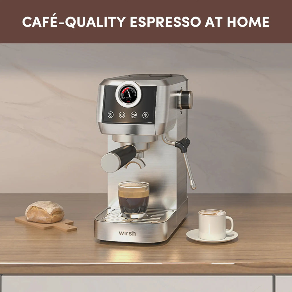 Wirsh 20 Bar Espresso Machine with Plastic Free Portafilter and Steamer, Pressure Gauge, Touch Screen, Full Stainless Steel (Home Barista Plus)