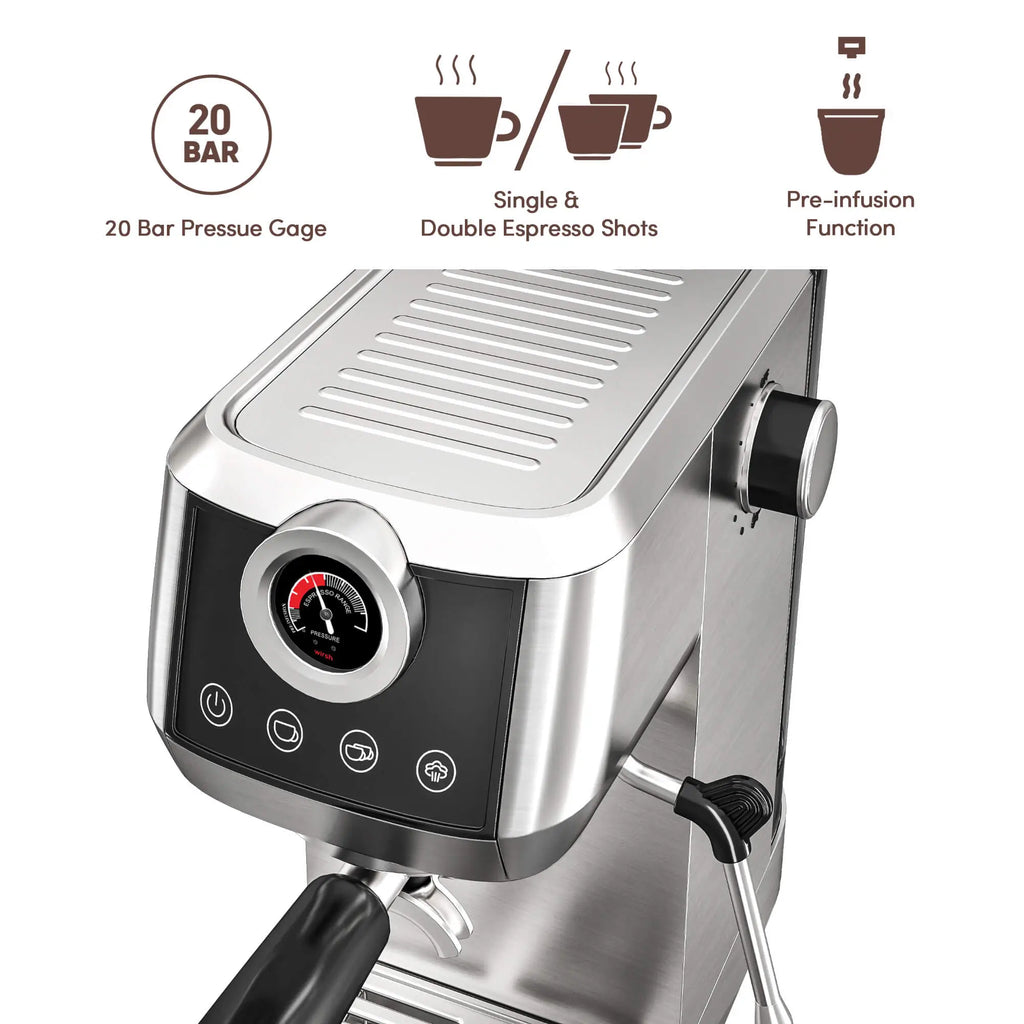 Wirsh 20 Bar Espresso Machine with Plastic Free Portafilter and Steamer, Pressure Gauge, Touch Screen, Full Stainless Steel (Home Barista Plus)