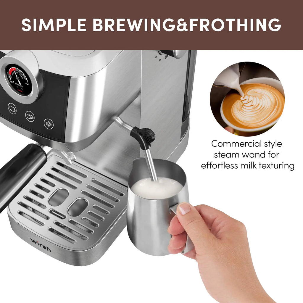 Wirsh 20 Bar Espresso Machine with Plastic Free Portafilter and Steamer, Pressure Gauge, Touch Screen, Full Stainless Steel (Home Barista Plus)