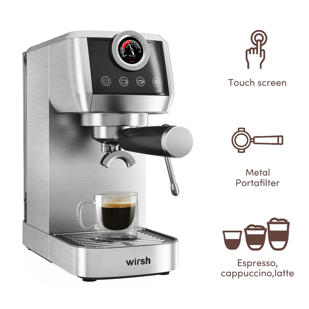 Wirsh 20 Bar Espresso Machine with Plastic Free Portafilter and Steamer, Pressure Gauge, Touch Screen, Full Stainless Steel (Home Barista Plus)