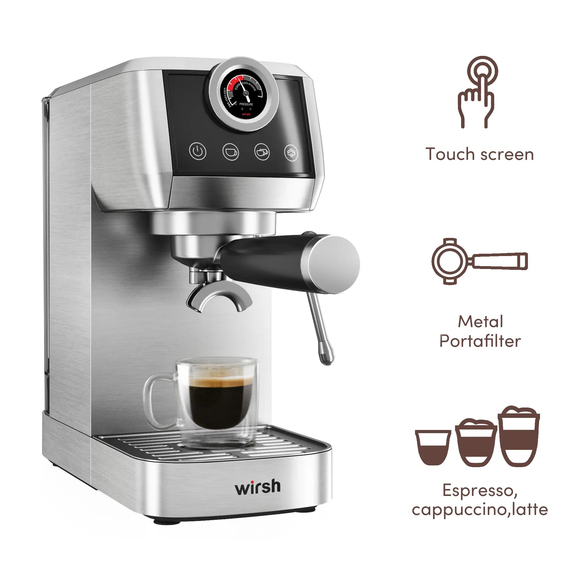 Wirsh 20 Bar Espresso Machine with Plastic Free Portafilter and Steamer, Pressure Gauge, Touch Screen, Full Stainless Steel (Home Barista Plus)